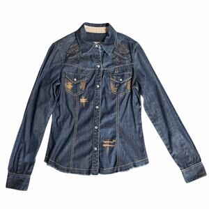 Guess Y2K Denim McBling Button Down Shirt Size Large